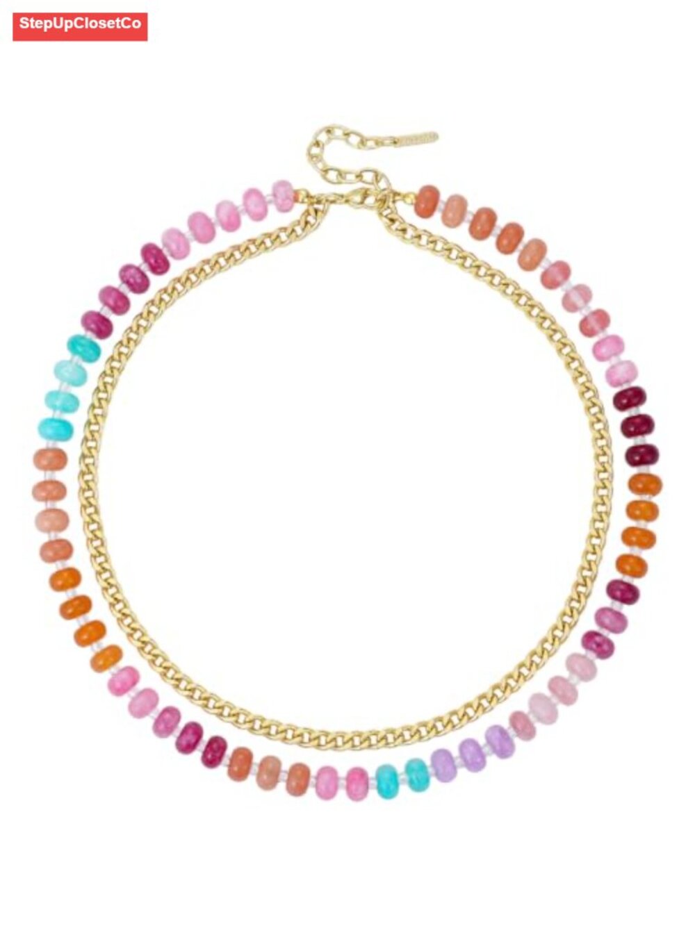 Layered Beaded Choker Necklace, 14K Gold Plated Cuban Chain, Adjustable, Boho